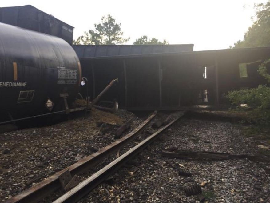 In this Saturday, Aug. 5, 2017 photo provided by Lugoff Fire/Rescue, derailed freight cars sit near Lugoff northeast of Columbia, S.C. The derailment damaged the track, delaying a nearby passenger train. (Lugoff Fire/Rescue via AP)