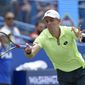 Kevin Anderson, of South Africa, returns the ball to Alexander Zverev, of Germany, during the finals of the Citi Open tennis tournament, Sunday, Aug. 6, 2017, in Washington. Zverev won 6-4, 6-4. (AP Photo/Nick Wass)