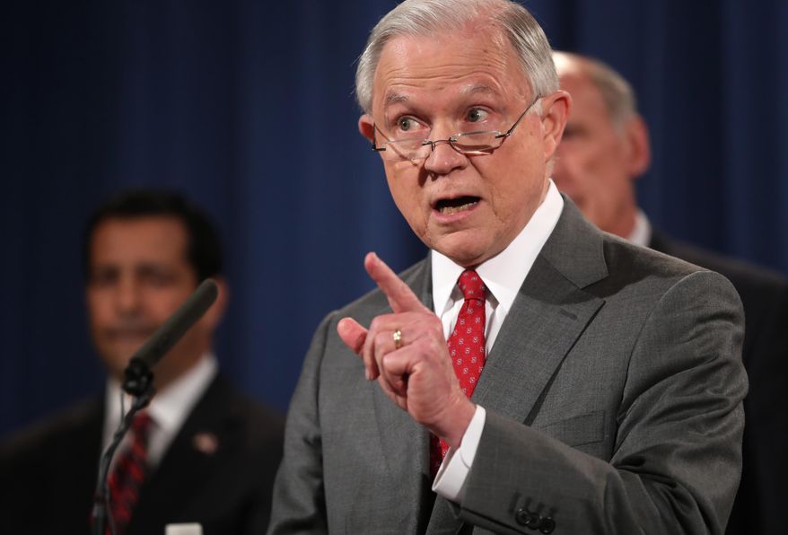FILE - In this Aug. 4, 2017 file photo, Attorney General Jeff Sessions, speaks during a news conference at the Justice Department in Washington. As Chicago Mayor Rahm Emanuel took his fight against President Donald Trump's immigration policies to federal court, Monday, Aug. 7, 2017, Sessions hit back at Chicago, saying the Trump administration "will not simply give away grant dollars to city governments that proudly violate the rule of law and protect criminal aliens at the expense of public safety." (AP Andrew Harnik File)
