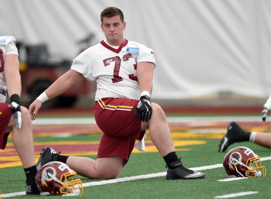 Washington Redskins rookie center Chase Roullier is used to long hours learning about power and leverage. His degree from Wyoming is in mechanical engineering. (Associated Press)