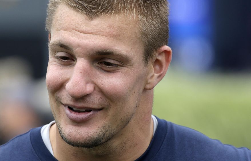 New England Patriots tight end Rob Gronkowski speaks with members of the media following an NFL football joint practice with the Jacksonville Jaguars, Monday, Aug. 7, 2017, in Foxborough, Mass. (AP Photo/Steven Senne)