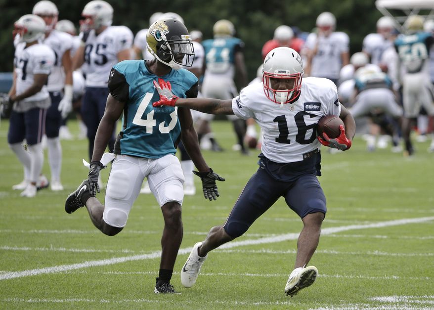 Jacksonville Jaguars cornerback Charles Gaines (43) and New England Patriots wide receiver K.J. Maye (16) perform field drills during an NFL football joint practice, Monday, Aug. 7, 2017, in Foxborough, Mass. (AP Photo/Steven Senne)