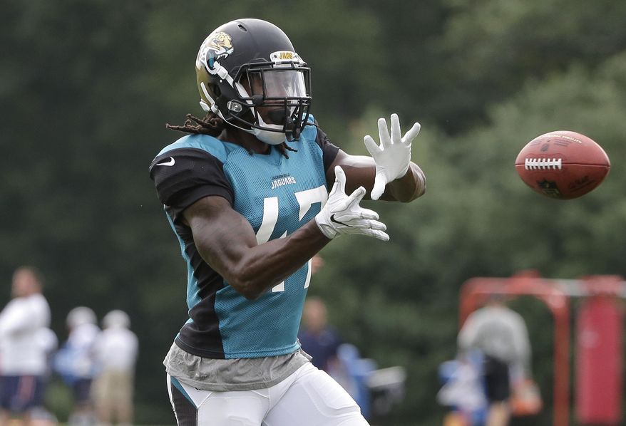 Jacksonville Jaguars defensive back Jarrod Wilson makes a catch during an NFL football joint practice with the New England Patriots, Monday, Aug. 7, 2017, in Foxborough, Mass. (AP Photo/Steven Senne)