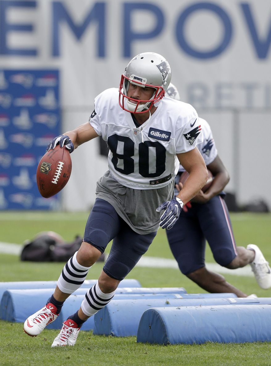 New England Patriots wide receiver Danny Amendola performs an agility drill during an NFL football joint practice with the Jacksonville Jaguars, Monday, Aug. 7, 2017, in Foxborough, Mass. (AP Photo/Steven Senne)