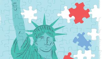 Illustration on solving the immigration puzzle by Linas Garsys/The Washington Times