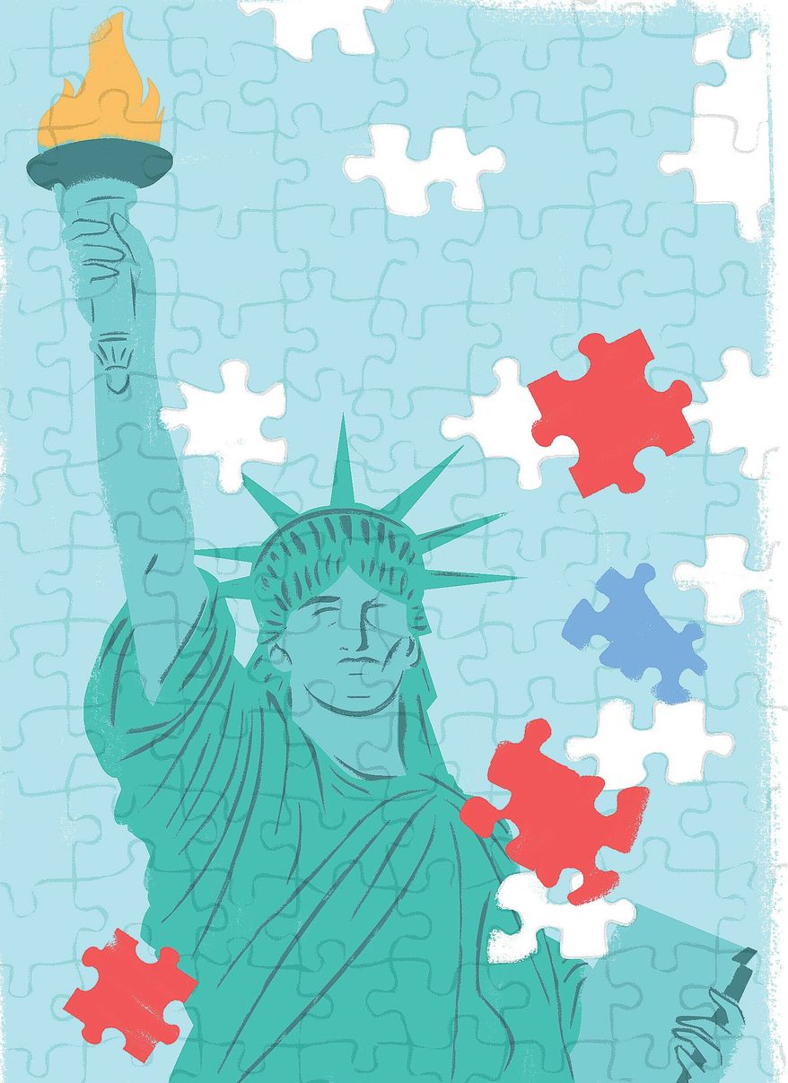 Illustration on solving the immigration puzzle by Linas Garsys/The Washington Times