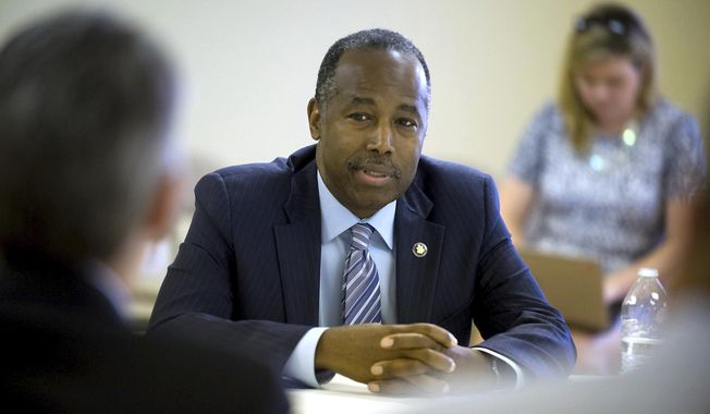 U.S. Secretary Secretary of Housing and Urban Development Ben Carson responds to questions during an interview with The Southern Illinoisan newspaper, Tuesday Aug. 8, 2017, in the Alexander Housing Authority Shuemaker Building in Cairo, Ill. (Richard Sitler /The Southern Illinoisan via AP)