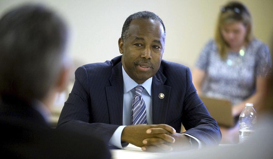U.S. Secretary Secretary of Housing and Urban Development Ben Carson responds to questions during an interview with The Southern Illinoisan newspaper, Tuesday Aug. 8, 2017, in the Alexander Housing Authority Shuemaker Building in Cairo, Ill. (Richard Sitler /The Southern Illinoisan via AP)