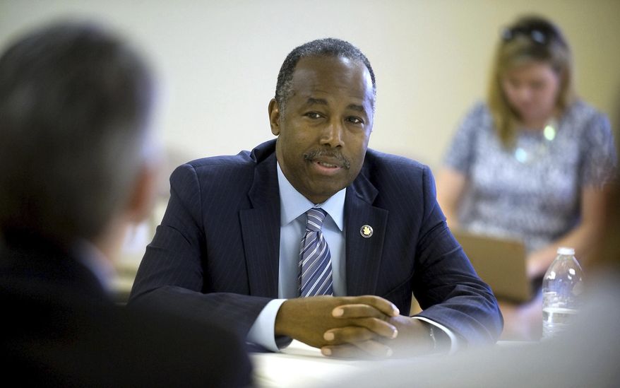 U.S. Secretary Secretary of Housing and Urban Development Ben Carson responds to questions during an interview with The Southern Illinoisan newspaper, Tuesday Aug. 8, 2017, in the Alexander Housing Authority Shuemaker Building in Cairo, Ill. (Richard Sitler /The Southern Illinoisan via AP)