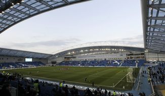 FILE - This Tuesday, Jan. 31, 2012 file photo shows a general view of Brighton &amp;amp; Hove Albion&#39;s Amex Stadium, Brighton, England.  Brighton is among the newly promoted English teams who are preparing for this weekend&#39;s opening of the Premier League season on Friday, Aug. 11, 2017.(AP Photo/Sang Tan, file)