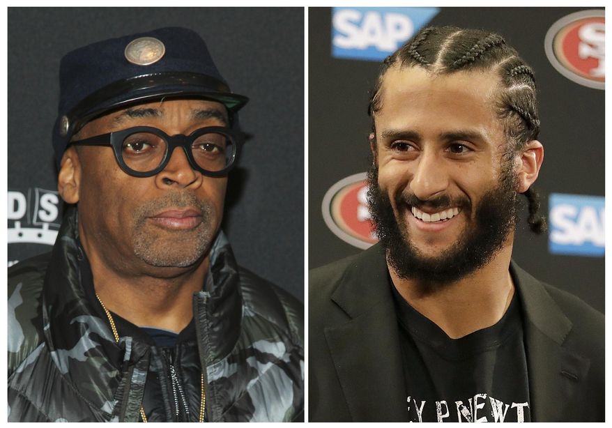 FILE - In this combination photo, director Spike Lee, left, appears at the premiere of "Touched With Fire" on Feb. 10, 2016, in New York and San Francisco 49ers quarterback Colin Kaepernick appears at a news conference on Jan. 1, 2017, after an NFL football game against the Seattle Seahawks in Santa Clara, Calif. On Aug. 8, 2017, Lee tweeted an advertisement for an Aug. 23, 2017, rally for Kaepernick outside the NFL's New York City headquarters. (AP Photo/Files)