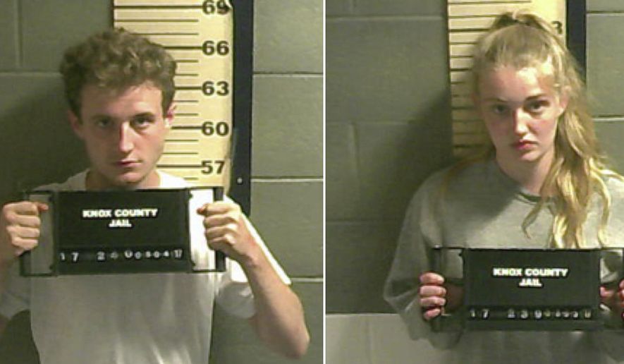 In this photo combo, from left, Jacob Flanagan, 20, and Talicia Martins, 21, of New York City, are shown in booking photos released by the Camden Police Department after their arrests on Aug. 3 and Aug. 4, 2017. The two are charged with breaking into three businesses in Camden, Maine. Martins is the socialite daughter of two world-famous New York ballet dancers. (Camden Police Department via AP)