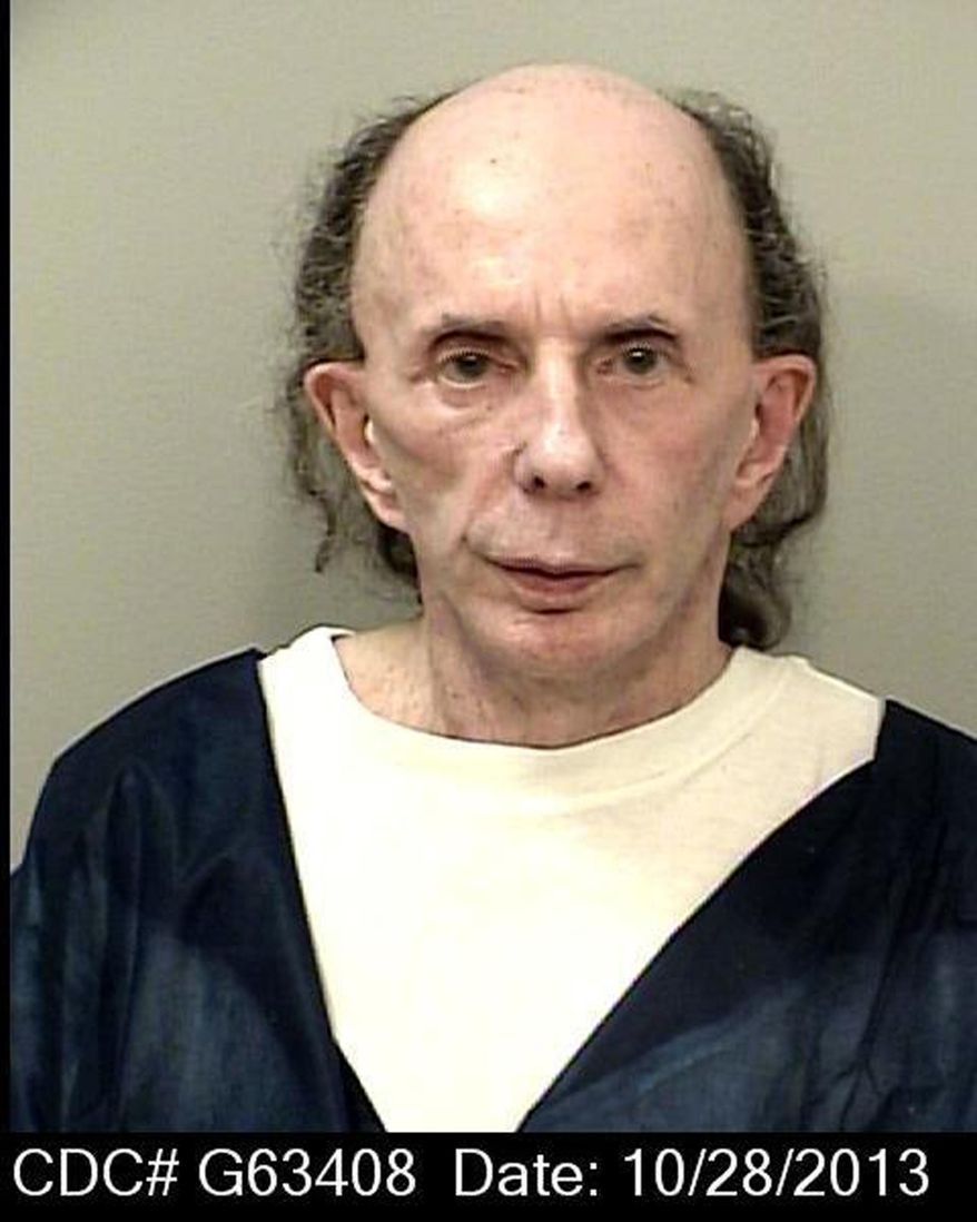 This Oct. 28, 2013 mugshot provided by the California Department of Corrections and Rehabilitation shows rock 'n' roll music producer Phil Spector, mostly bald with just a bit of hair, and completely free of the huge hair that was so striking during his murder trial. In a June 2017 mugshot the 76-year-old music producer is smiling broadly, completely bald and wearing hearing aids on both ears. He was convicted in 2009 of killing actress Lana Clarkson, and is serving a sentence of 19 years to life. (California Department of Corrections and Rehabilitation via AP)