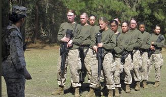 Female recruits stand at the Marine Corps Training Depot on Parris Island, S.C., Feb. 21, 2013. (AP Photo/Bruce Smith) ** FILE **