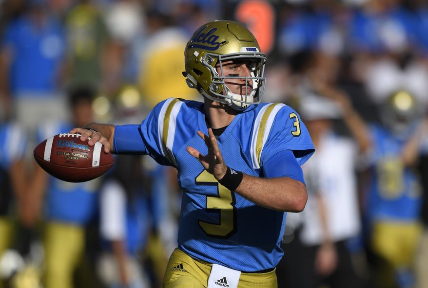 UCLA quarterback Josh Rosen passes during the first half of a college football game against UNLV, Saturday, Sept. 10, 2016, in Pasadena, Calif. (AP Photo/Mark J. Terrill) **FILE**