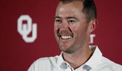 FILE - In this Aug. 5, 2017 file photo, Oklahoma head coach Lincoln Riley smiles as he answers a question during an NCAA college football media day in Norman, Okla. As usual, Oklahoma is a heavy favorite in the Big 12, even with the unexpected coaching change to Riley as first-time head coach. (AP Photo/Sue Ogrocki, File)