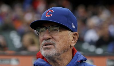 Chicago Cubs manager Joe Maddon stands in the dugout before a baseball game between the San Francisco Giants and the Cubs in San Francisco, Tuesday, Aug. 8, 2017. Maddon insists he meant no harm or ill will toward his Pennsylvania hometown when he said the people of Hazleton have to be accepting of the city&#39;s Hispanic population. (AP Photo/Jeff Chiu)
