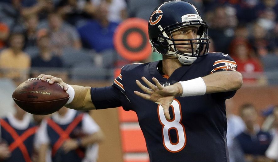 Chicago Bears quarterback Mike Glennon (8) throws a pass during the first half of an NFL preseason football game against the Denver Broncos, Thursday, Aug. 10, 2017, in Chicago. (AP Photo/Nam Y. Huh)