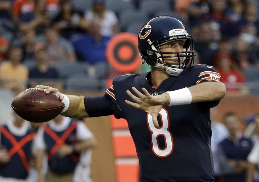 Chicago Bears quarterback Mike Glennon (8) throws a pass during the first half of an NFL preseason football game against the Denver Broncos, Thursday, Aug. 10, 2017, in Chicago. (AP Photo/Nam Y. Huh)