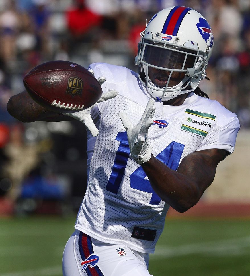FILE - In this July 29, 2017, file photo, Buffalo Bills wide receiver Sammy Watkins catches a pass during an NFL football training camp in Pittsford, N.Y. The Bills shook up their roster with two separate blockbuster trades Friday, Aug. 11, 2017, dealing starting receiver Sammy Watkins to the Los Angeles Rams and acquiring receiver Jordan Matthews from Philadelphia in exchange for cornerback Ronald Darby. The Bills acquired cornerback E.J. Gaines from the Rams. (AP Photo/Adrian Kraus, File)