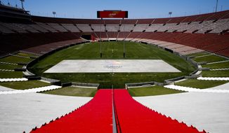 FILE - In this May 11, 2017, file photo, Los Angeles Memorial Coliseum, the venue proposed for Olympic opening and closing ceremonies and track and field events. stands in Los Angeles. The Los Angeles City Council is expected Friday, Aug. 11, 2017 to endorse a proposal to host the 2028 Olympics, following an announcement of a deal last month to leave 2024 to Paris. (AP Photo/Jae C. Hong, File)