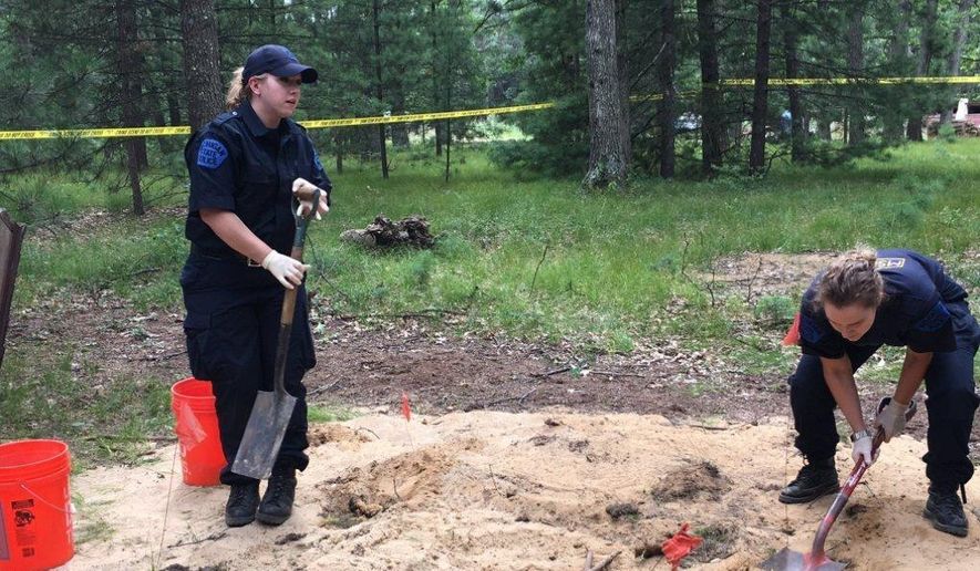 This photo provided by Michigan State Police shows Michigan State Police Crime Lab technicians working the scene of a supposed homicide victim's grave in Hale, Mich. Police say a tip from an arrested woman led them to the body of a suspected homicide victim in a shallow grave behind a northern Michigan home. State police say the body was unearthed Thursday, Aug. 10, 2017. The identity hasn't been confirmed, but investigators say the remains likely are those of a 72-year-old man who lived at the home in Hale and hadn't been seen for a few weeks. Police didn't say how he may have been killed. (Michigan State Police via AP)