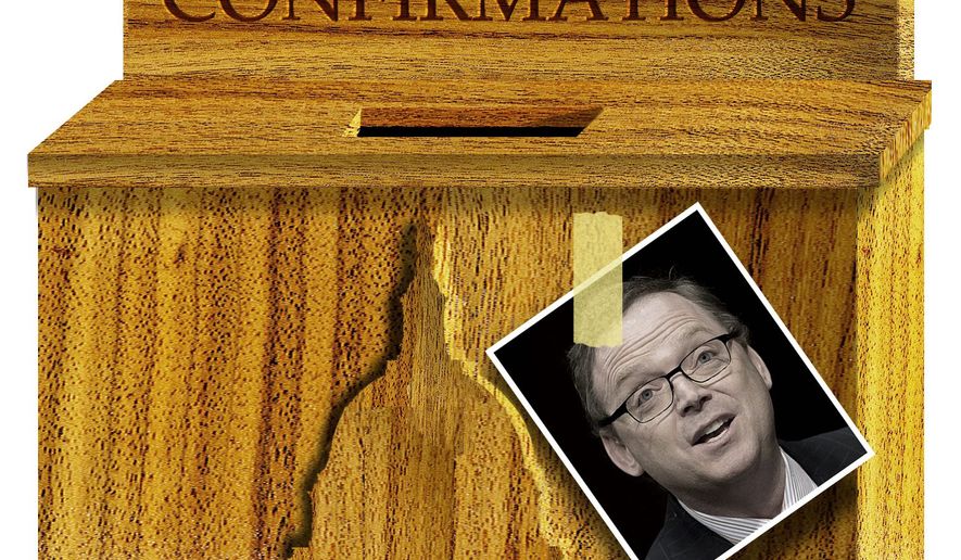 Illustration on the delayed confirmation of Kevin Hassett by Alexander Hunter/The Washington Times