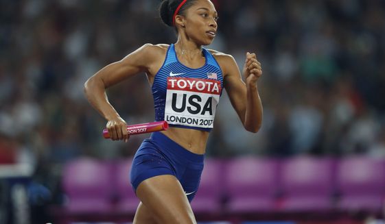 United States&#39; Allyson Felix competes in the women&#39;s 4x400-meter final during the World Athletics Championships in London Sunday, Aug. 13, 2017. (AP Photo/Kirsty Wigglesworth)