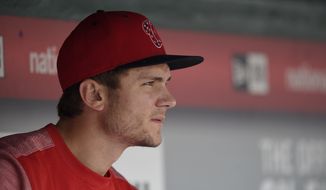 Washington Nationals&#39; Trea Turner looks on from the dugout during a baseball game against the Milwaukee Brewers, Thursday, July 27, 2017, in Washington. The Nationals won 15-2. (AP Photo/Nick Wass)