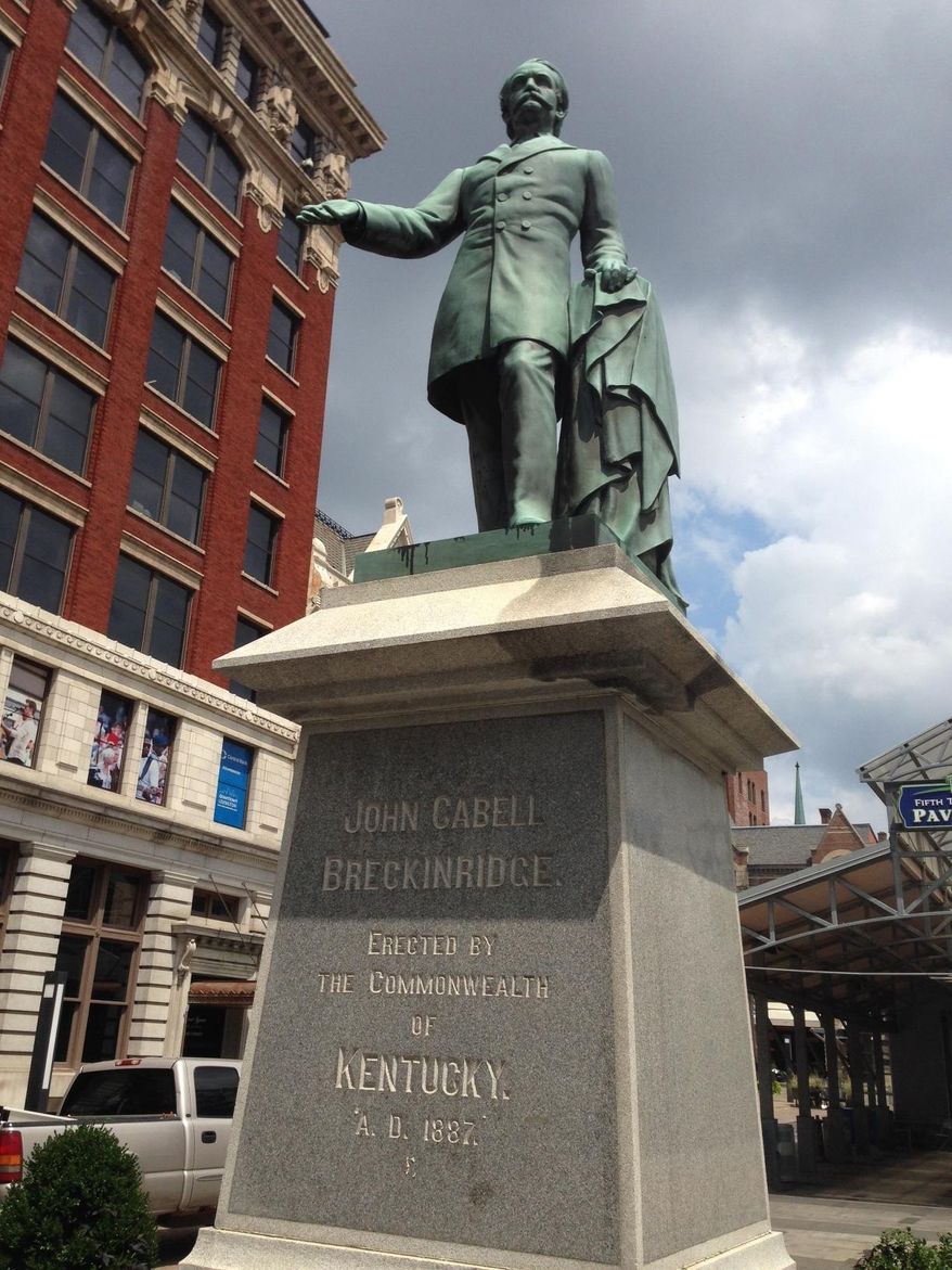 This Tuesday, Aug. 15, 2017 photo shows the statue of John C. Breckinridge in Lexington, Ky. Lexington Mayor Jim Gray said he will ask the city council to take the first step in removing two Confederate memorials to Confederate officers John C. Breckinridge and John Hunt Morgan. Gov. Matt Bevin says he "absolutely" disagrees with removing Confederate symbols and monuments from government property, calling it the "sanitization of history." (AP Photo/Bruce Schreiner)