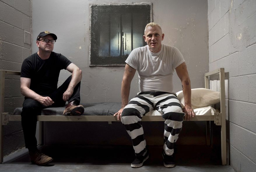 This image released by Bleecker Street shows director Steven Soderbergh, left, and actor Daniel Craig on the set of their film "Logan Lucky." (Claudette Barius/Fingerprint Releasing/Bleecker Street via AP)