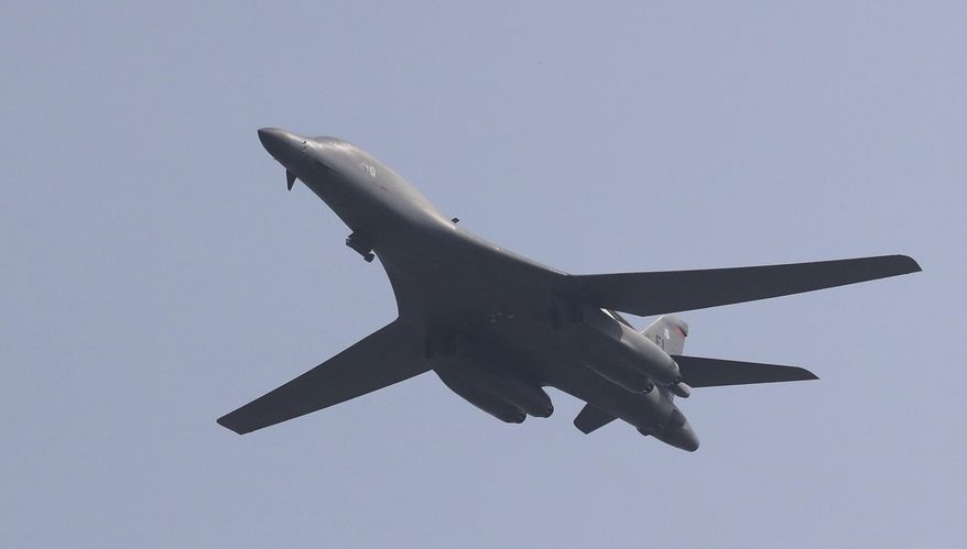 In this Sept. 13, 2016, file photo, a U.S. B-1B bomber flies over Osan Air Base in Pyeongtaek, South Korea.  (AP Photo/Lee Jin-man, File) **FILE**