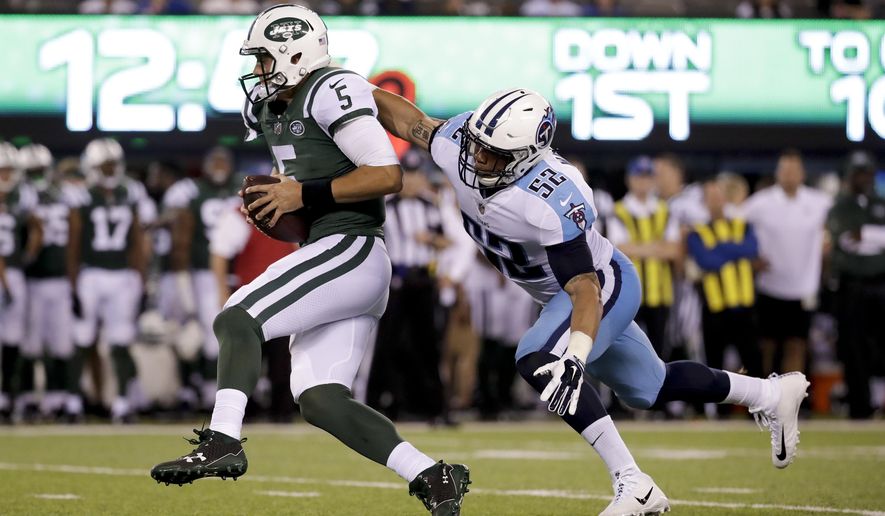 New York Jets quarterback Christian Hackenberg (5) is sacked by Tennessee Titans outside linebacker Aaron Wallace (52) during the third quarter of an NFL football game, Saturday, Aug. 12, 2017, in East Rutherford, N.J. (AP Photo/Julio Cortez)