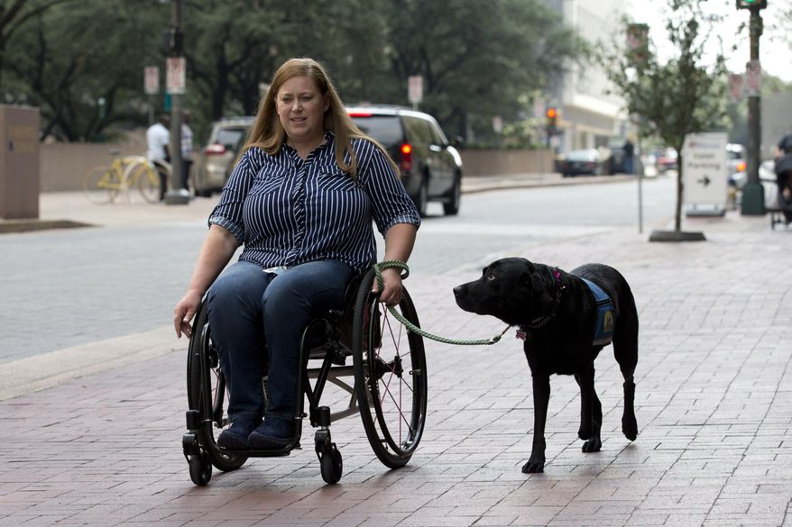 In this file photo, Susan Mahoney, who lives in downtown Dallas, takes her service dog Misha out for a walk on Thursday, August 3, 2017. She received her service dog Misha III from Canine Companions for Independence, who work with female inmates at the Federal Medical Center Carswell to train puppies to be service dogs. On Sept. 1, 2019, a new law takes effect in Alabama that penalizes individuals who misidentify their pet as a service animal if the animal in question is not legitimately trained for such a purpose. (Joyce Marshall/Star-Telegram via AP) **FILE**