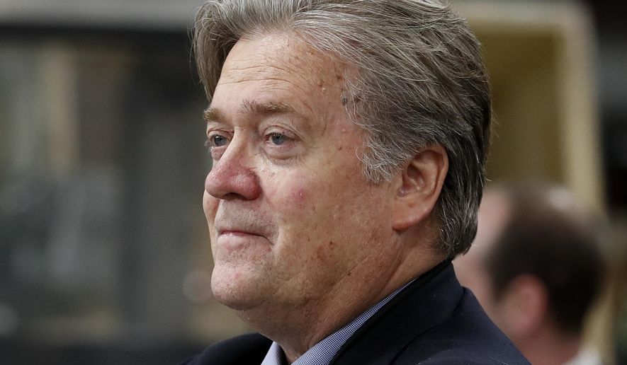 In this April 29, 2017, file photo, Steve Bannon, chief White House strategist to President Donald Trump is seen in Harrisburg, Pa. Bannon says there’s no military solution to North Korea’s threats and says the U.S. is losing the economic race against China. (AP Photo/Carolyn Kaster, File)