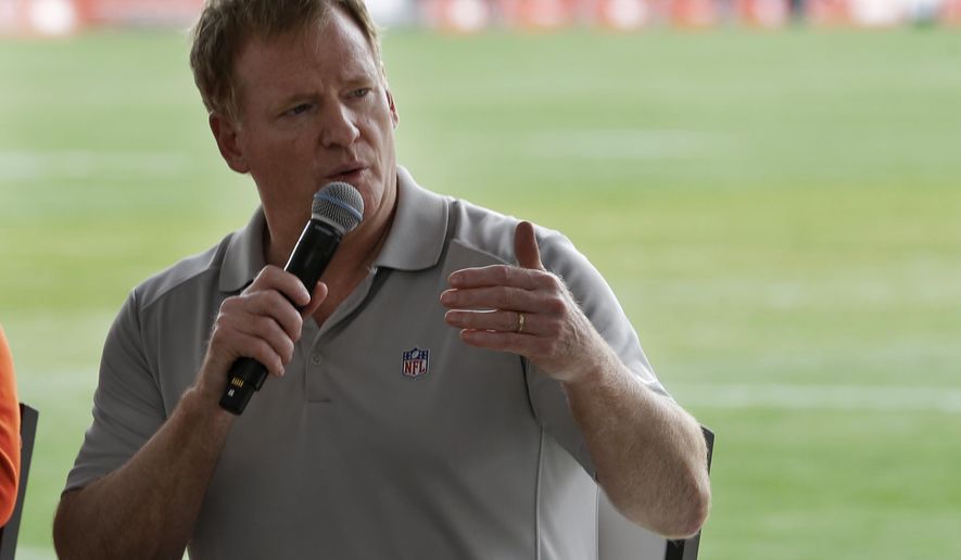 NFL Commissioner Roger Goodell answers questions during a season ticket member fan forum before practice at the NFL football team's training camp facility, Thursday, Aug. 17, 2017, in Berea, Ohio. (AP Photo/Tony Dejak)