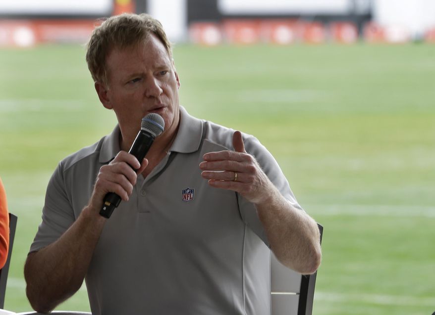 NFL Commissioner Roger Goodell answers questions during a season ticket member fan forum before practice at the NFL football team's training camp facility, Thursday, Aug. 17, 2017, in Berea, Ohio. (AP Photo/Tony Dejak)