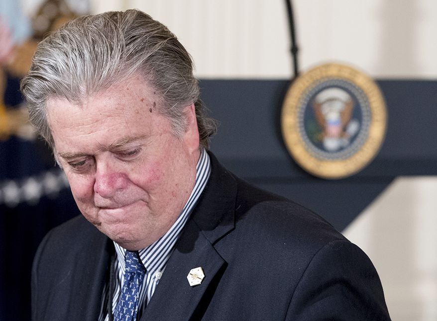 Steve Bannon Chief strategist (mutually agreed departure) - 210 Days. In this photo taken Feb. 16, 2017, President Donald Trump&#x27;s White House Senior Adviser Steve Bannon arrives for a news conference with President Donald Trump in the East Room of the White House in Washington. Bannon, a forceful but divisive presence in President Donald Trump&#x27;s White House, is leaving. Trump accepted Bannon&#x27;s resignation Friday, Aug. 18, 2017, ending a turbulent seven months for his chief strategist, the latest to depart from the president&#x27;s administration in turmoil. (AP Photo/Andrew Harnik)