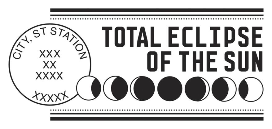 This undated image provided by the United States Postal Service on Friday, Aug. 18, 2017 shows a template of a postmark commemorating the Aug. 21, 2017 solar eclipse over the United States. More than 110 USPS offices in or near the path of the full eclipse, will offer special postmarks for the celestial event. (USPS via AP)