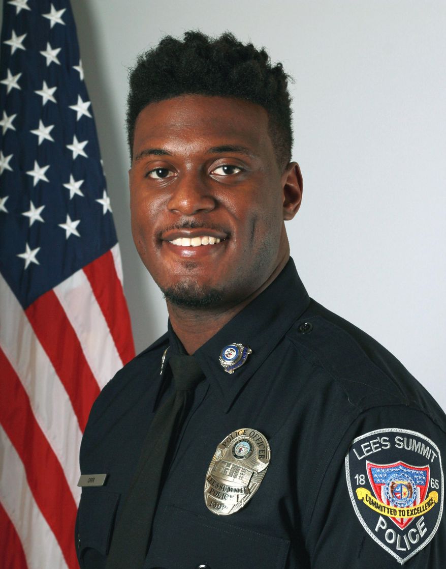 This undated photo provided by the Lees Summit Police Department in Lee's Summit, Mo., shows Officer Thomas Orr, who was fatally shot while off duty Sunday, Aug. 20, 2017, at a restaurant in the Westport bar and entertainment district in Kansas City. Police say the shooting happened after an argument broke out between patrons. (Lee's Summit Police Department via AP)