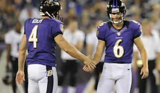 Baltimore Ravens kicker Justin Tucker, right, high-fives teammate Sam Koch after Tucker kicked a field goal in the first half of an NFL preseason football game against the Jacksonville Jaguars in Baltimore, Thursday, Aug. 23, 2012. (AP Photo/Nick Wass)