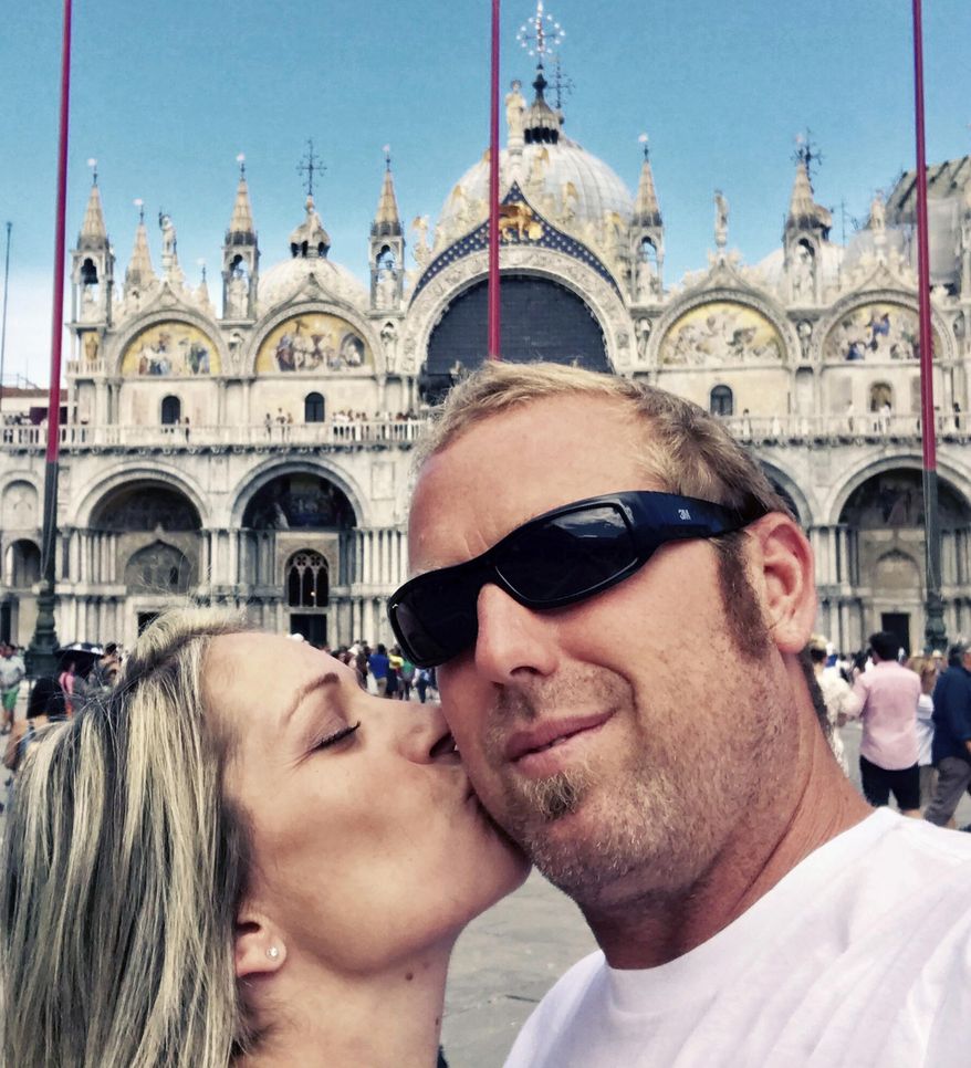 This August 2017 photo provided by Heidi Nunes-Tucker shows a selfie of her with her husband Jared Tucker during a visit to Venice, Italy. Jared Tucker, a California resident along with his wife were ending their European vacation in Barcelona and were on their way to a beach when they decided to stop at a cafe on Las Ramblas. Jared Tucker was one of the victims of the Thursday, Aug. 17, attacks in Barcelona. (Jared Tucker/Heidi Nunes Tucker via AP)