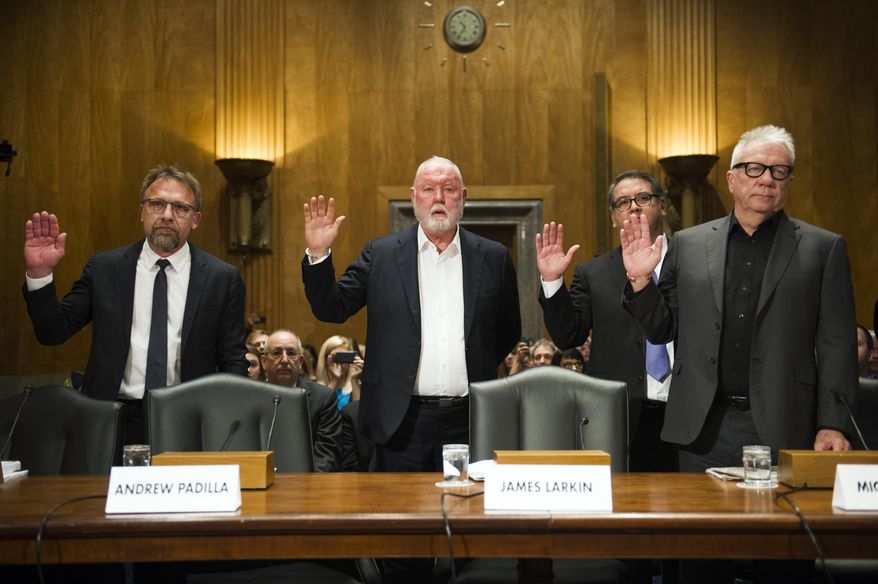 From left: Backpage.com CEO Carl Ferrer, founder James Larkin, Chief Operating Officer Andrew Padilla, and founder Michael Lacey testified before Congress last year about the website's facilitation of online sex trafficking. Mr. Larkin gave $10,000 to House Majority PAC, which is connected to House Minority Leader Nancy Pelosi, California Democrat. (Associated Press/File)