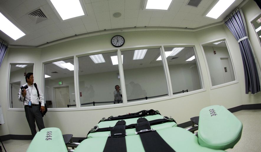 FILE - This Sept. 21, 2010 file photo shows an inmate's view of the interior of the lethal injection facility at San Quentin State Prison in San Quentin, Calif. California's Supreme Court has announced it will issue a long-awaited ruling on Proposition 66, the measure voters approved in 2016 to speed up the death penalty. The decision will be released Thursday morning, Aug. 24, 2017. (AP Photo/Eric Risberg, File)
