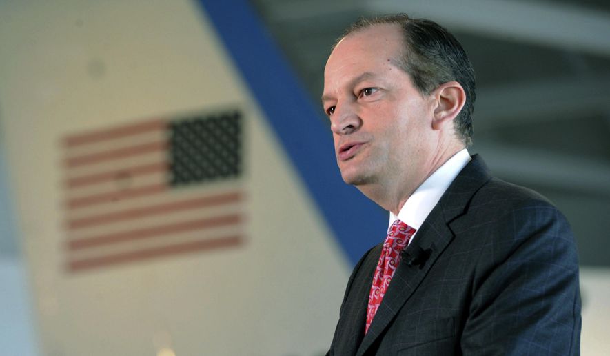 U.S. Labor Secretary Alexander Acosta announces that former President Ronald Reagan is going to be inducted into the U.S. Department of Labor Hall of Honor, Thursday, Aug. 24, 2017, at the Ronald Reagan Presidential Library &amp;amp; Museum in Simi Valley, Calif. Reagan, the nation&#x27;s 40th president, served terms as president of the Screen Actors Guild in the 1940s and &#x27;50s.  (Juan Carlo/Los Angeles Daily News via AP) ** FILE **
