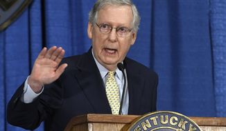 Senate Majority Leader Mitch McConnell of Ky. speaks during the Kentucky Farm Bureau Country Ham Breakfast, Thursday, Aug. 24, 2017, in Louisville, Ky.  President Donald Trump lashed out at Republican leaders in Congress, suggesting efforts to increase the country&#39;s borrowing limit to avoid an economic-rattling default on the nation&#39;s debt are &amp;quot;a mess!&amp;quot; (AP Photo/Timothy D. Easley)