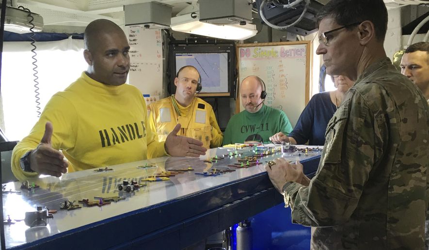 Gen. Joseph Votel, the top U.S. commander for the Middle East, right, gets a briefing on the USS Nimitz, from Lt. Cmdr. Vern Jensen, the aircraft handling officer for the ship, Thursday, Aug. 24, 2017. The Nimitz is in the Persian Gulf, and fighter jets are flying off the aircraft to conduct strikes in Iraq and Syria. (AP Photo/Lolita Baldor)
