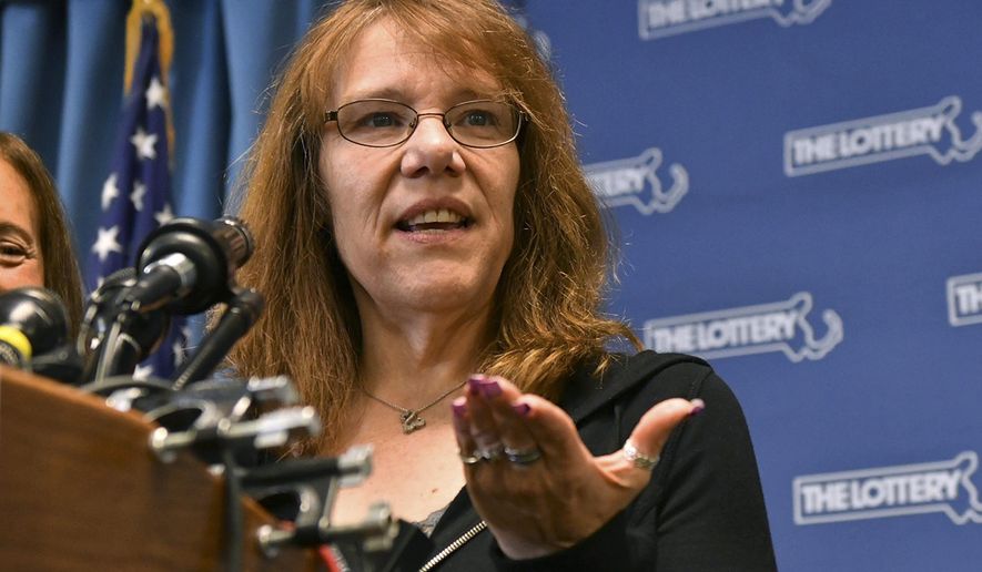 Mavis Wanczyk, of Chicopee, Mass., speaks during a news conference where she claimed the $758.7 million Powerball prize at Massachusetts State Lottery headquarters, Thursday, Aug. 24, 2017, in Braintree, Mass. Officials said it is the largest single-ticket Powerball prize in U.S. history. (AP Photo/Josh Reynolds)