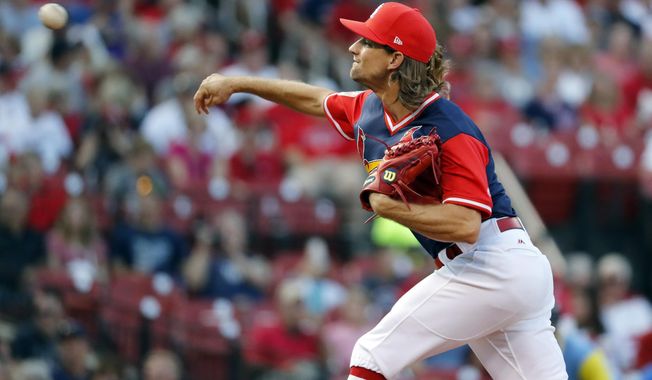 St. Louis Cardinals starting pitcher Mike Leake throws during the first inning of a baseball game against the Tampa Bay Rays on Saturday, Aug. 26, 2017, in St. Louis. (AP Photo/Jeff Roberson)