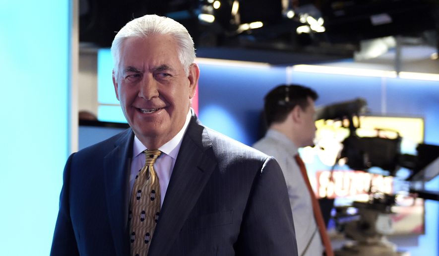 Secretary of State Rex Tillerson leaves the set following a television interview with Chris Wallace, the anchor of FOX News Sunday, in Washington, Sunday, Aug. 27, 2017. (AP Photo/Susan Walsh)
